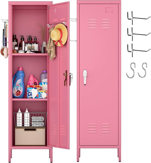 Aobabo Metal 54" H Metal Storage Locker for Employees, Lockable 1 Door with Towel Rack and 2 Side Pegboards with Hooks for School Office Gym Home, Assembly Required (Pink)