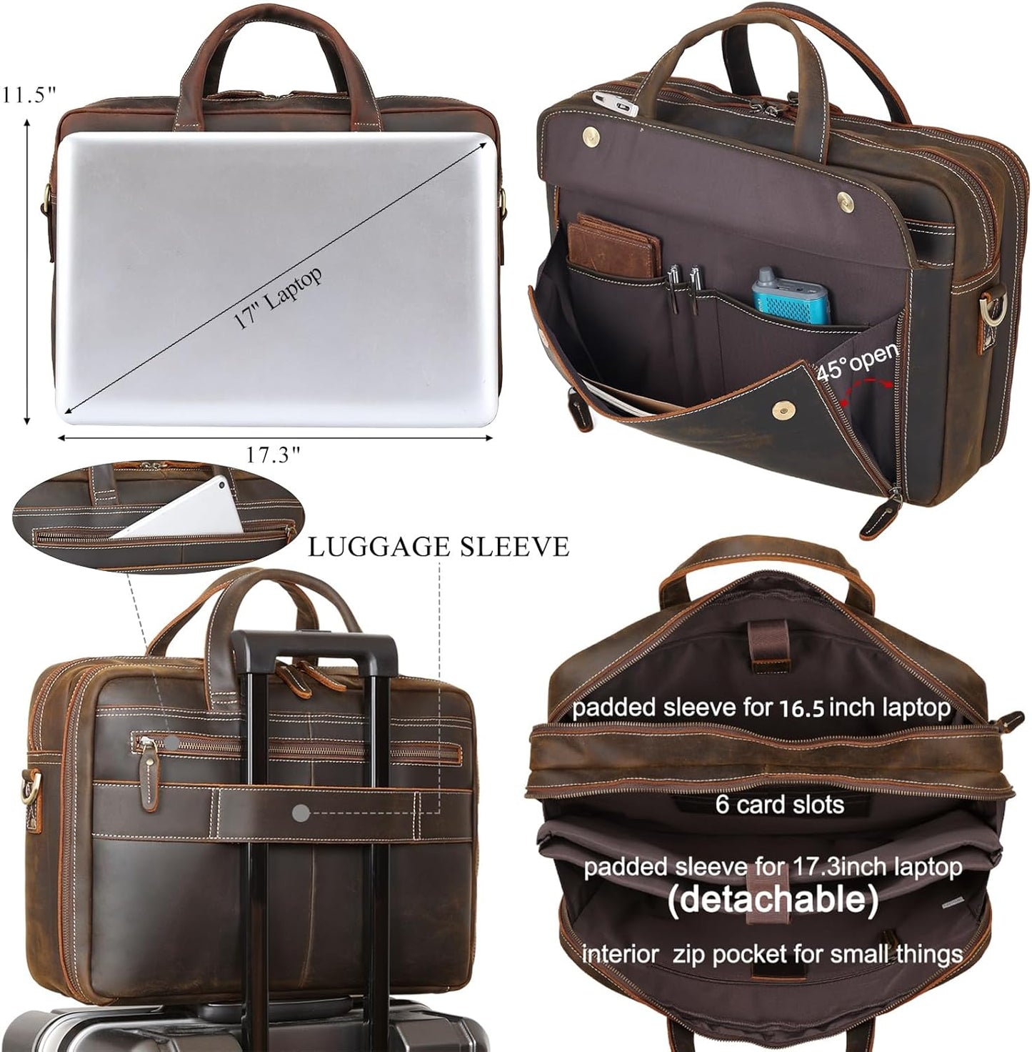 Masa Kawa Leather Briefcase for Men 15.6" - 17" Laptop Computer Case Business Travel Work Messenger Cross Body Shoulder Bag