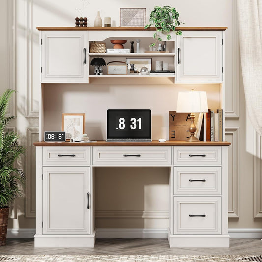 67" H Farmhouse Executive Desk with Hutch. Wood Workstation with 5 Drawers, Storage Cabinet, File Drawers and Charging Station, Ideal as Office Desk, Computer Desk for Home Office and Study