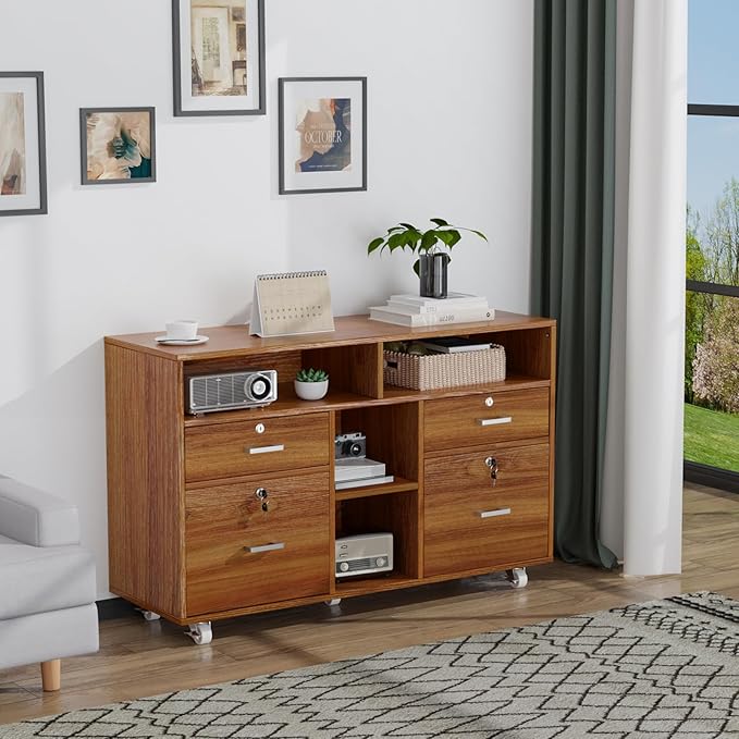 VINGLI Wide 4 Drawer Lockable Rolling File Cabinet with Open Shelves - Walnut Wood Lateral File Cabinet Printer Stand for Home Office, Letter Sized