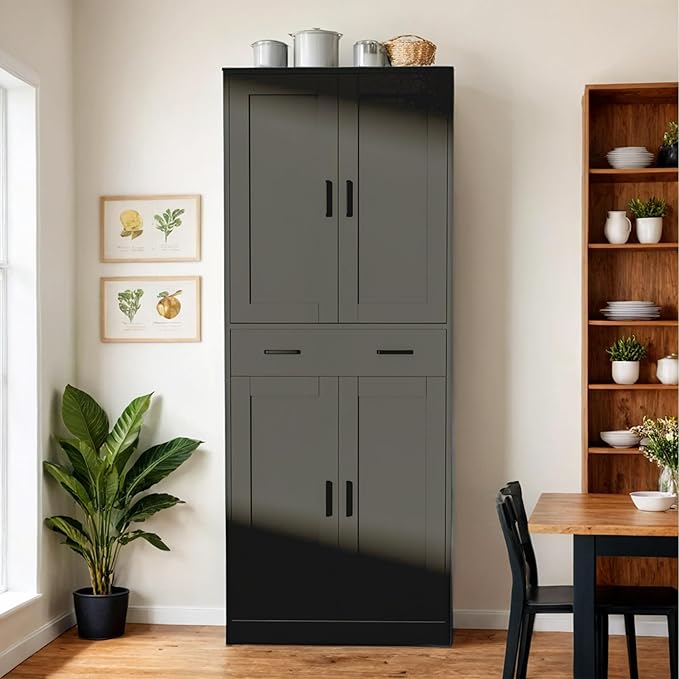 Black Kitchen Pantry, 71" Tall Storage Cabinet with Doors and Drawer for Kitchen, Hallway, Office