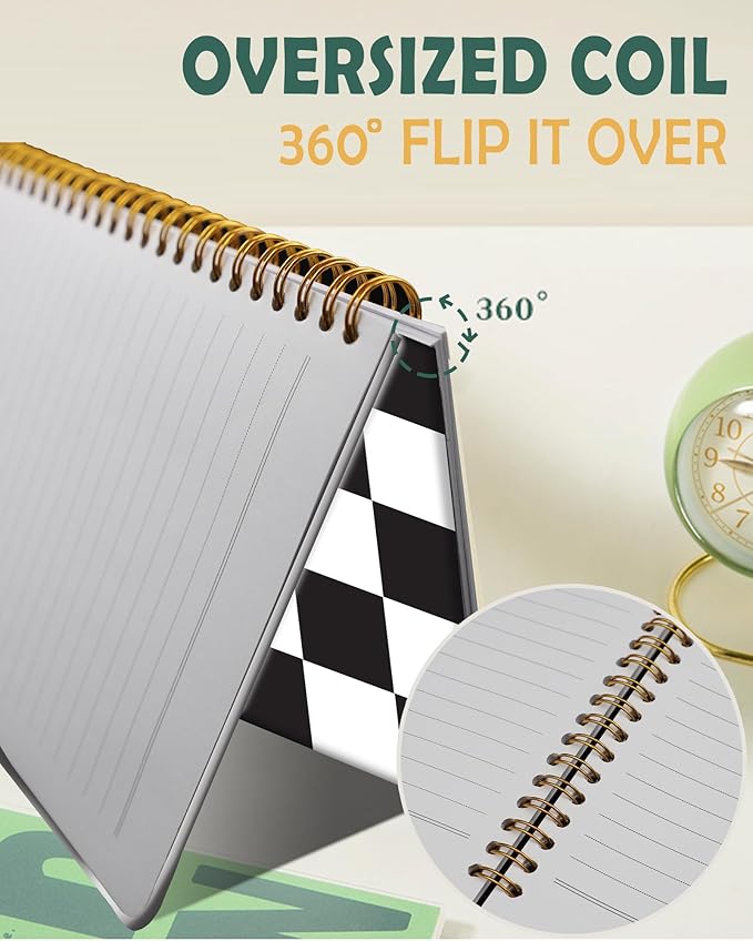 Ruled Spiral Writing Notebook,A5 Hardcover Lined College Journal for Women Lady,Fashion Puppy Watercolor Strong Twin-Wire Binding with Premium Paper,8.4" X 6",Perfect for School,Office,Home Gifts(Black White Checker)