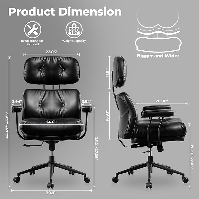 ovios Home Office Chair, Mid-Century Modern Faux PU Leather Chairs with Lumbar Support Comfy Thick Cushion, High Back Ergonomic Swivel Rolling Executive Armchair (Black, PU Leather)