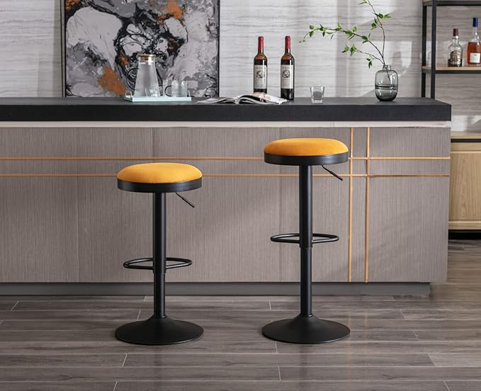 Round Swivel Counter Height Bar Stools Set of 4 Modern Adjustable Barstools Backless Corduroy Bar Chairs Industrial Island Chairs with Metal Base/Footrest for Kitchen Island/Pub/Bar, Yellow
