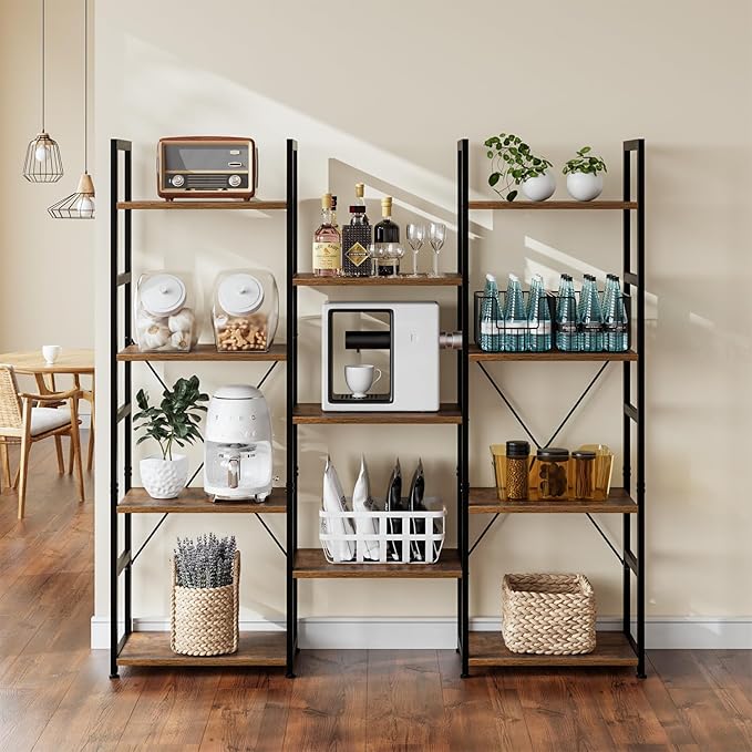 NUMENN Triple Column 4 Tier Bookshelf, Bookcase with 11 Open Display Shelves, Adjustable Rustic Industrial Style Book Shelves, Modern Bookshelves for Bedroom, Living Room and Home Office, Vintage