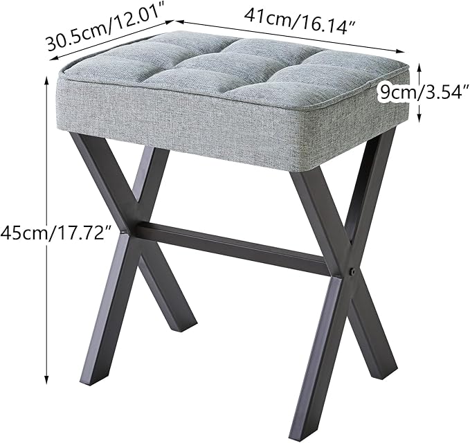 IBUYKE Square Makeup Stool with X-Leg Foot Rest, Linen Footrest, Ottoman Seat, Multi-Use as Small Side Table, for Bedroom, Living Room, Blue Gray LG-70L