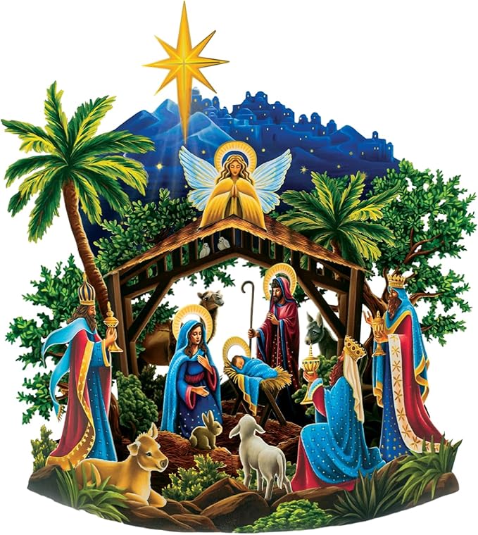 Freshcut Paper Pop Up Cards, Mini Starlit Nativity, 6 Inch Mini Sized 3D Popup Greeting Card and Paper Nativity Scene, Christmas Cards, Holiday Card, Blank Notecard & Envelope