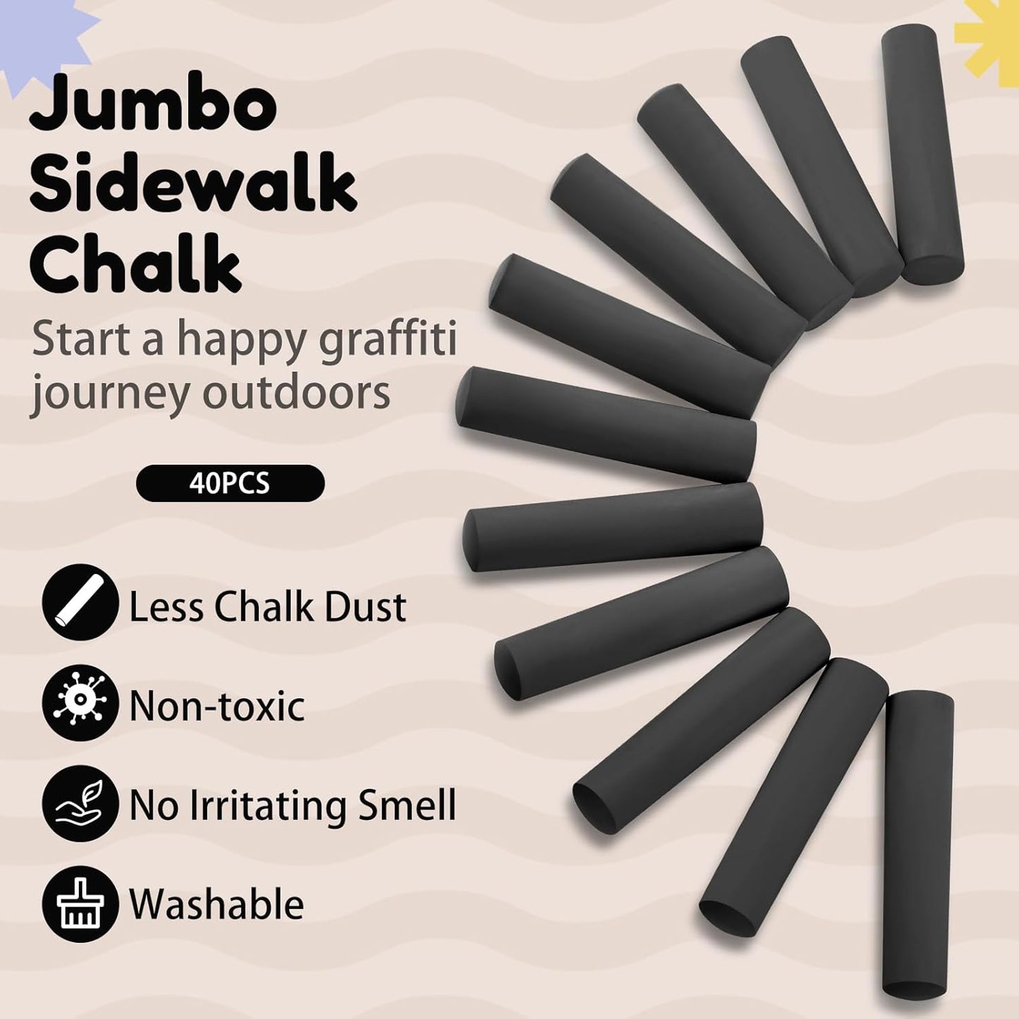 Fulmoon 40 Pcs Jumbo Sidewalk Chalk for Kids Outdoor Art Non Toxic Large Washable Street Chalk for Adults Drawing Painting Classroom(Black,Round Style)