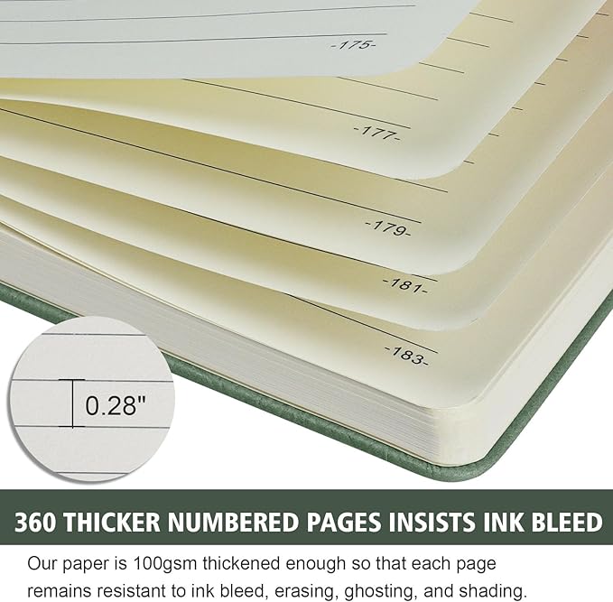 Lined Journal Notebook, 360 Numbered Pages(With page number), Thick Journal for Writing B5 College Ruled Notebook, 100gsm Lined Paper, Leather Hardcover, 9.8'' X 6.9''-Morandi Green