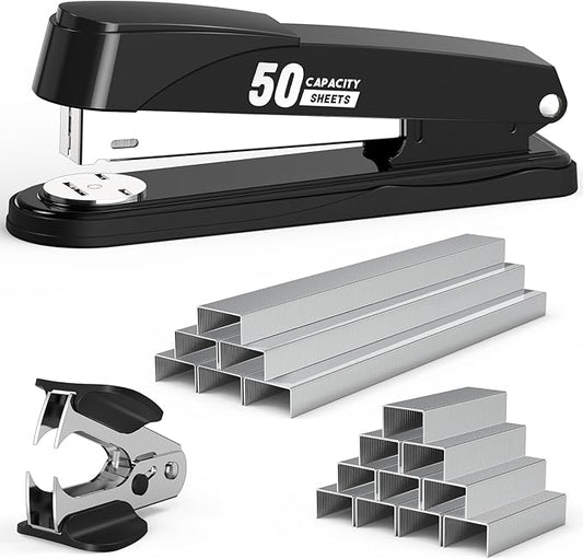 Metal Stapler Heavy Duty 50 Sheet Capacity with 1750 Staples and Staple Remover, Full Strip Staplers for Desk, No Jam, Non-Slip Office Stapler with Staples for Office & Classroom, Black