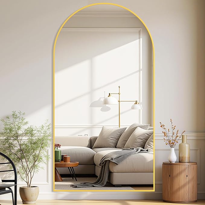 Full-Length Floor Mirror with Stand, 81"x41" Arched Style Full Body Standing Mirror for Bedroom, Living Room, Gym, Dorm - Shatter-Resistant & Easy Assembly, Gold