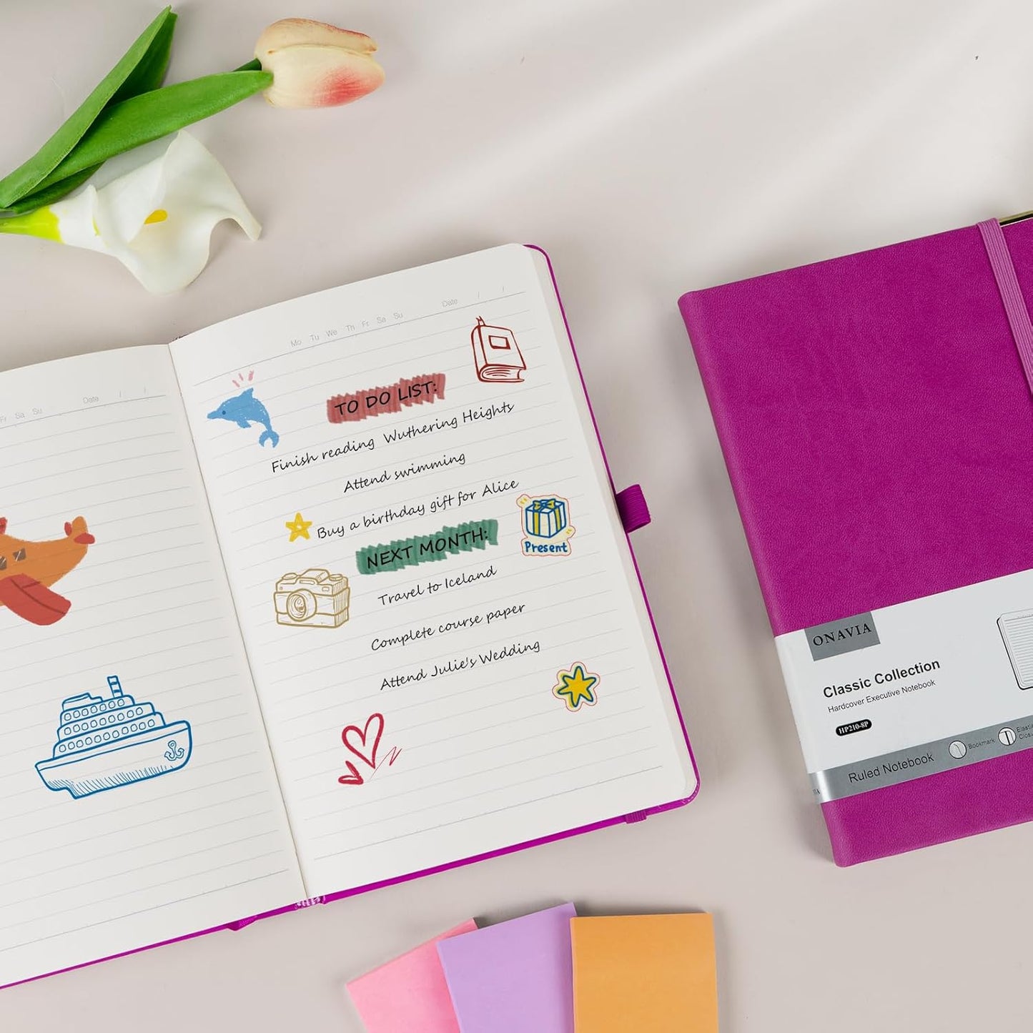 A5 Lined Journal Notebook - 100 GSM Thick Paper, Hardcover Journaling Notebook for Writing, Work, Travel, School, College Ruled Journal for Women Men, PU Leather Note Book, 5.5”x8.3”- Raspberry