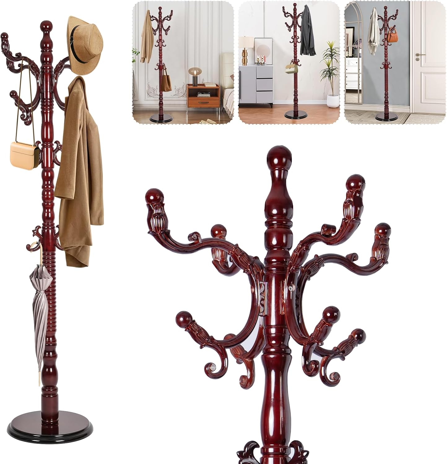 Solid Wood Coat Rack – 73" Freestanding Coat Racks Stand with 14 Hooks & Stable Round Base, Adjustable Height Modern Wooden Hall Tree for Entryway, Bedroom, Office, Home (Mahogany Round)
