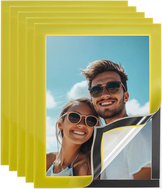 uxcell 5 Pcs Magnetic Sign Holder, 5" x 7" Self-Adhesive Magnetic Wall Signs Holder Magnetic Picture Frame Document Holder for Home Office Wall Window Displays, Yellow