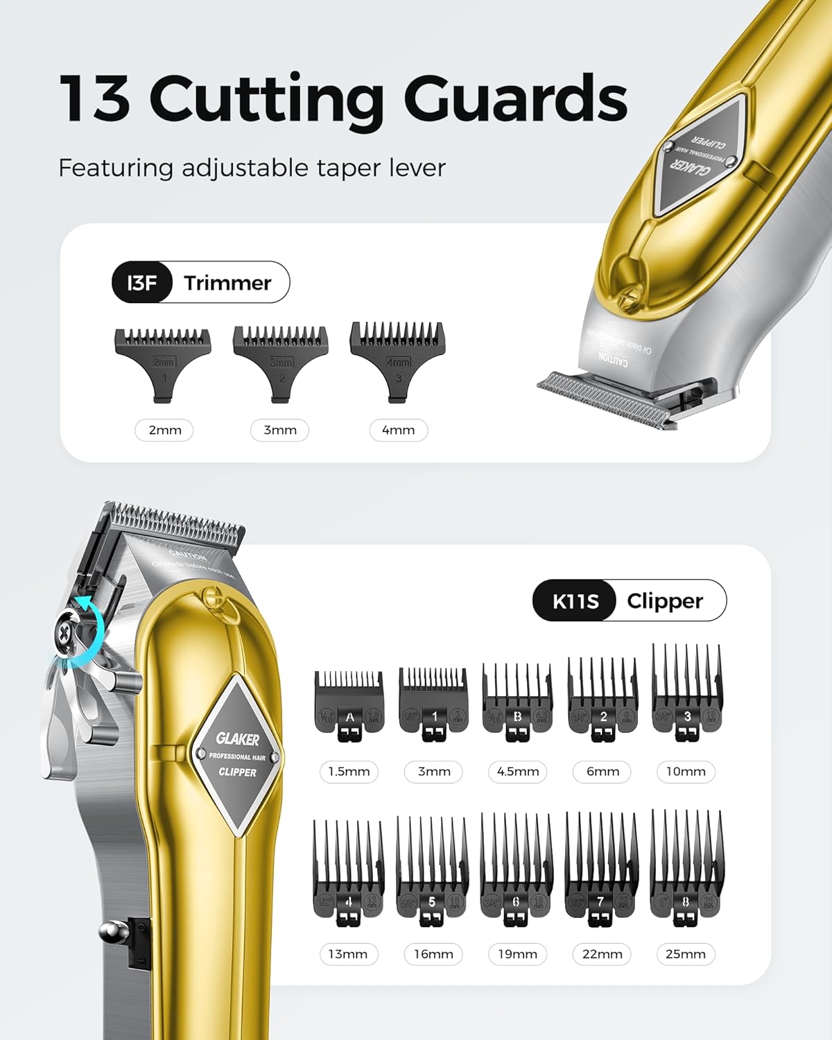 GLAKER Hair Clippers for Men Professional - Cordless Clippers and Trimmers Set, Complete Barber Kit for Hair Trimming & Beard Grooming, Mens Haircutting Kits for Blending & Fade Cuts (Gold)