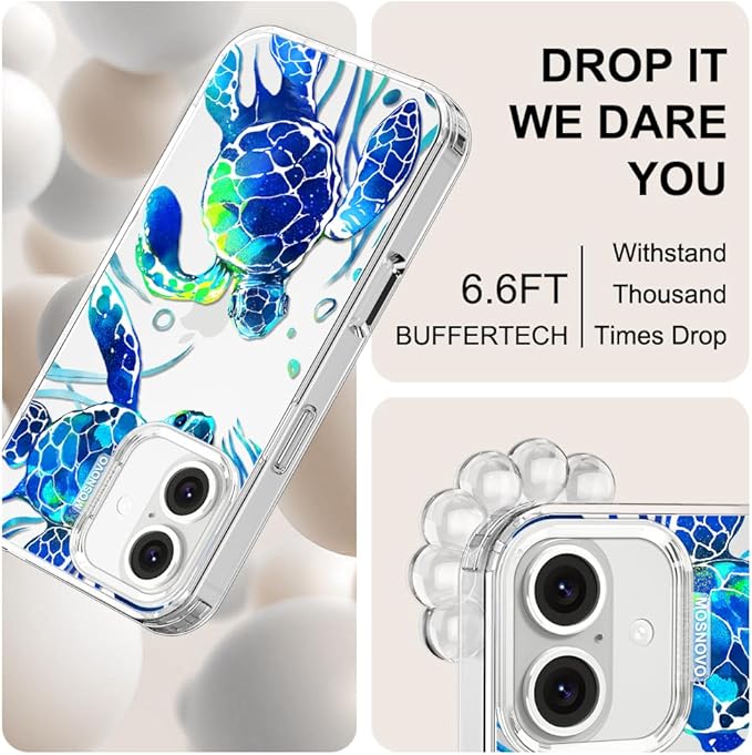 MOSNOVO Case for iPhone 16, [Buffertech 6.6ft Military-Grade Drop Protection] [Anti Peel Off Tech] Clear TPU Bumper Phone Case Cover Design - Sea Turtles