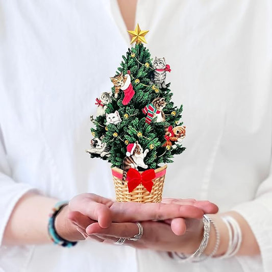 Freshcut Paper Pop Up Cards, Mini Meowy Christmas, 6 Inch Mini Sized Forever Flower Bouquet 3D Popup Greeting Cards, Christmas Card, Holiday Card, Blank Notecard & Envelope