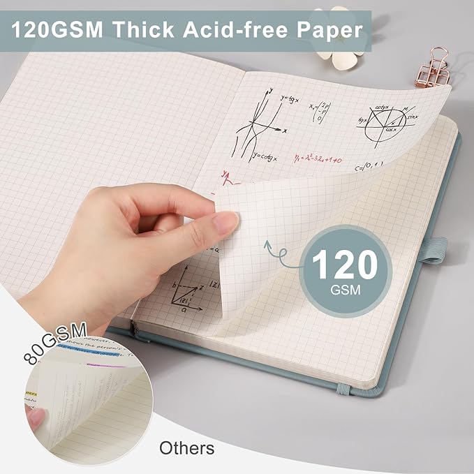 EMSHOI Graph Paper Notebook - 256 Pages A5 Graph Notebook/Journal, Hard Cover, 120gsm Thick Paper, Smooth PU Leather, Inner Pocket, 5.75'' × 8.38''-Pink