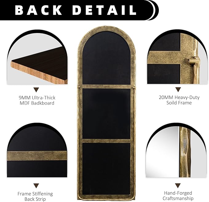BEGINS 65" x 22" Hand-Forged Vintage Arched Full-Length Mirror - Standalone or Wall-Leaning Design, 20mm Solid Steel Frame, 9mm Anti-Corrosion Back Panel, Suitable for Bedroom or Cloakroom