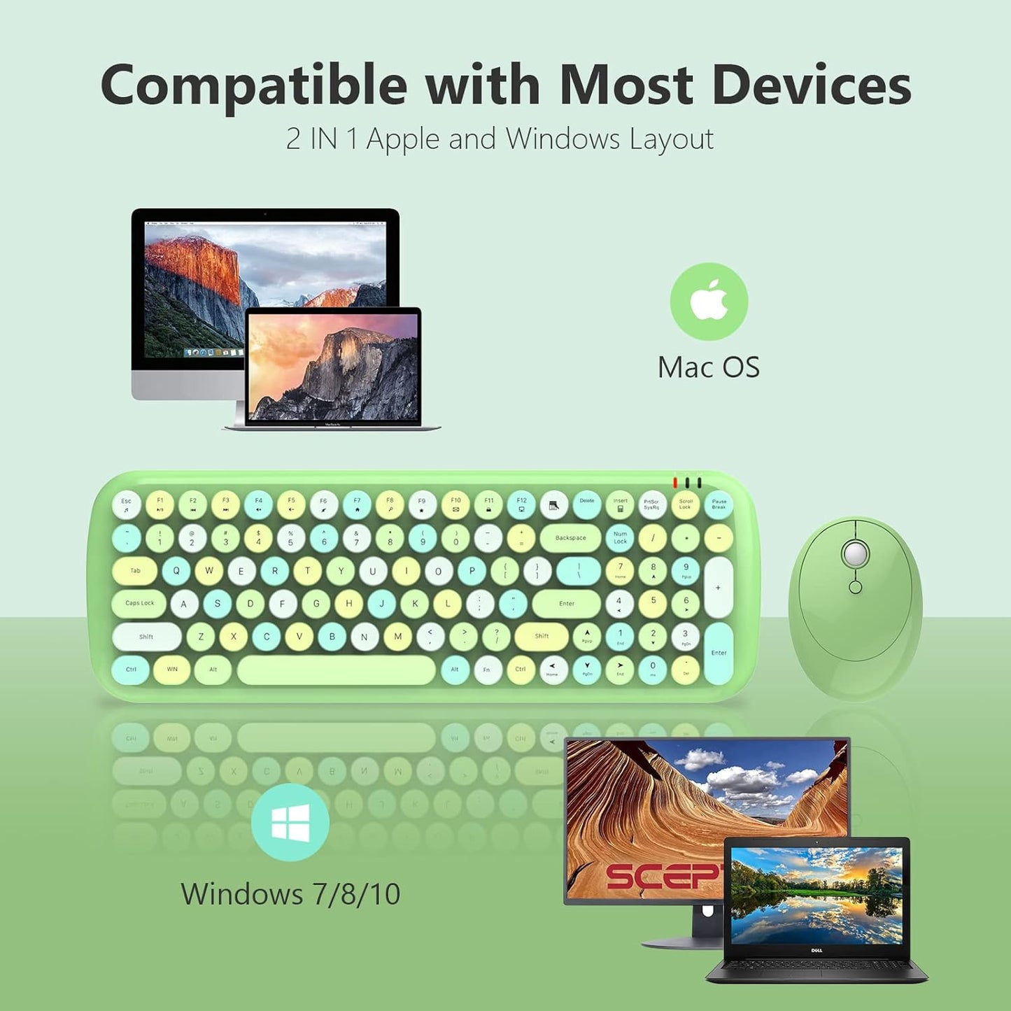 Wireless Keyboard and Mouse Combo, MOWUX - Modern Compact Layout, Colorful Compact Candy Mouse and Retro Round Keyboard Set with Cover, for PC/Laptop/Windows/Mac - Green Colorful