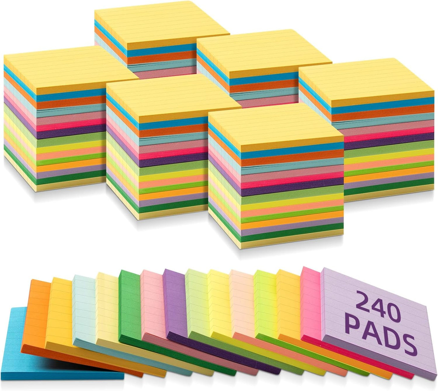 Seajan 240 Pads 3 x 3 Inch Sticky Notes Notepads Multi Bright Colors Self Sticky Pads for Students Teachers School Office Supply Desk Accessory 15 Colors, 50 Sheets Each(Neon,Line)