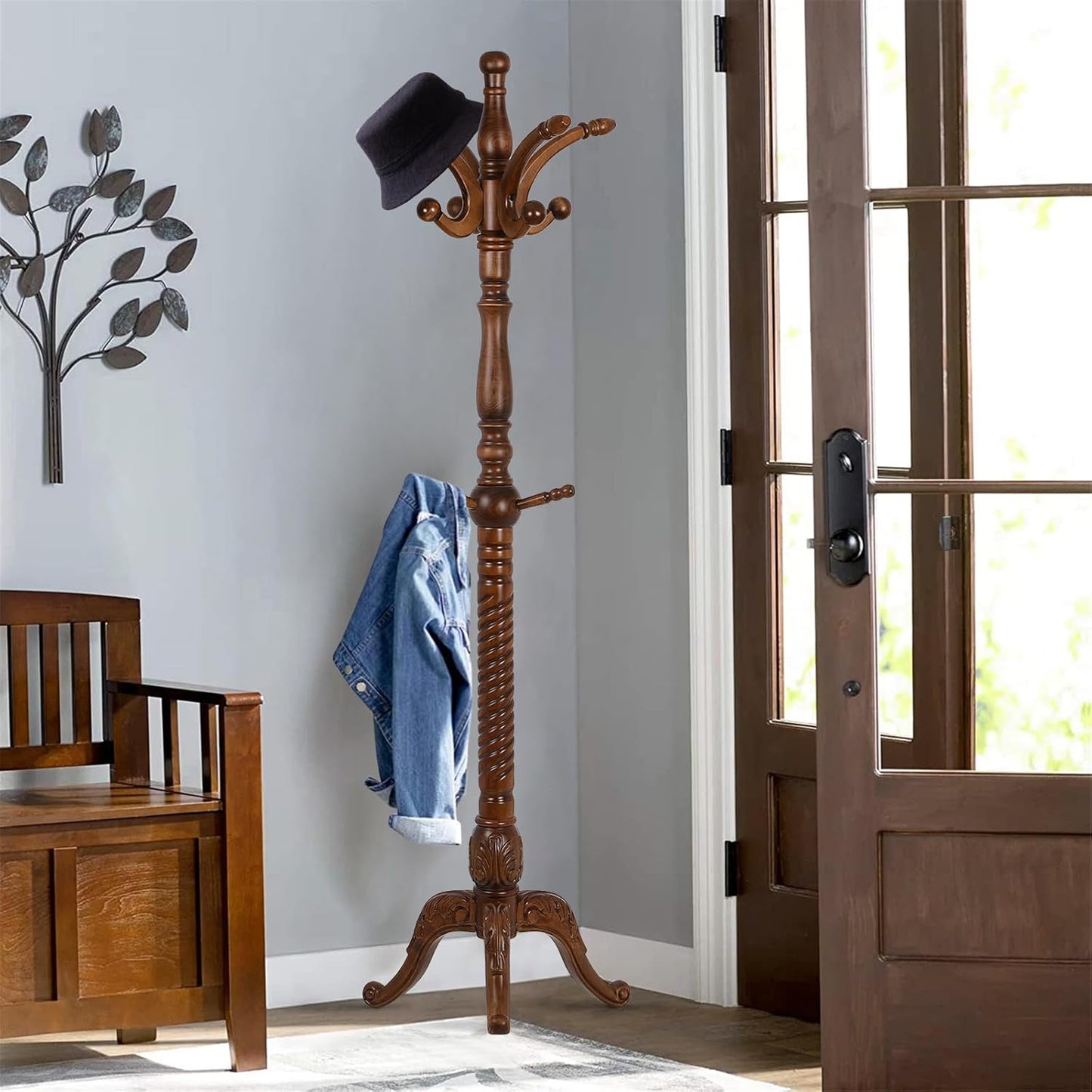 Coat Rack Freestanding Tree Stand with 8 Hooks, 79'' Heavy Duty Premium Ash Wood Hanger Stand, Floor Standing Clothes Hat for Entryway, Corner,Hallway,Bedroom, Office,Brown-Style 2