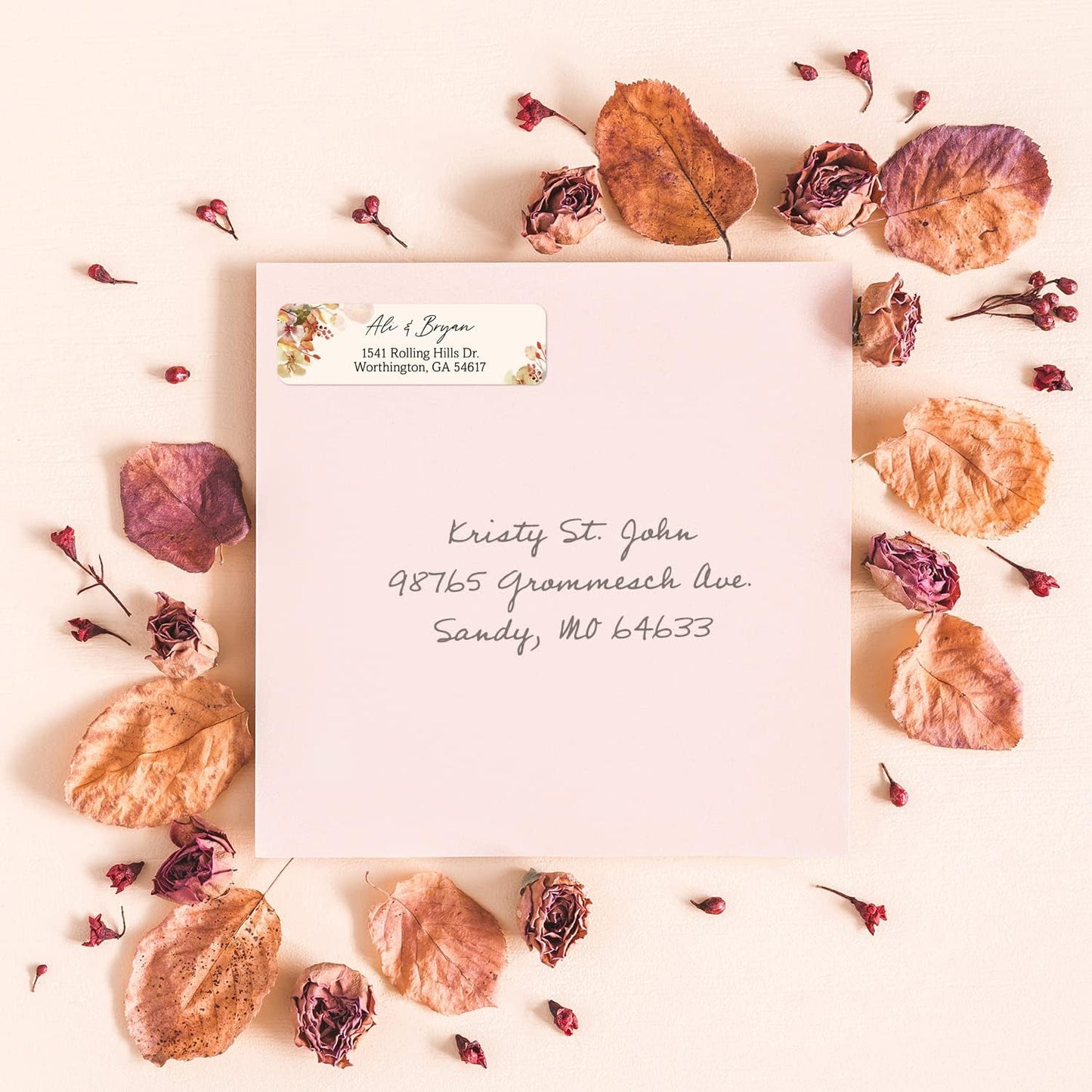 Rust Orange Floral Rolled Address Labels / 250 Personalized Return Address Labels/Designer Address Stickers in Elegant Plastic Dispenser