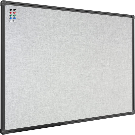 JILoffice Cork Linen Bulletin Board 36 X 24 Inch (Grey), Black Aluminum Frame Wall Mounted Board Memo Pin Board for Office Home and School
