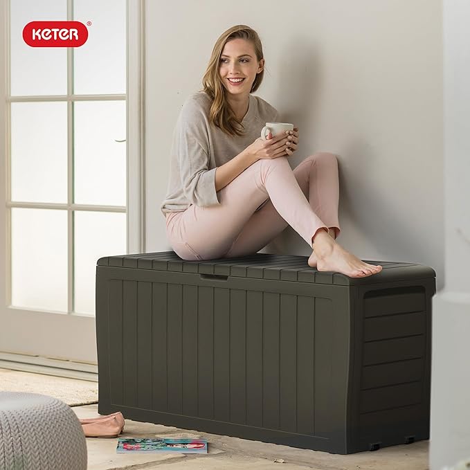 Keter Marvel Plus 71 Gallon Resin Deck Box-Organization and Storage for Patio Furniture Outdoor Cushions, Throw Pillows, Garden Tools and Pool Floats, Mossy Brown