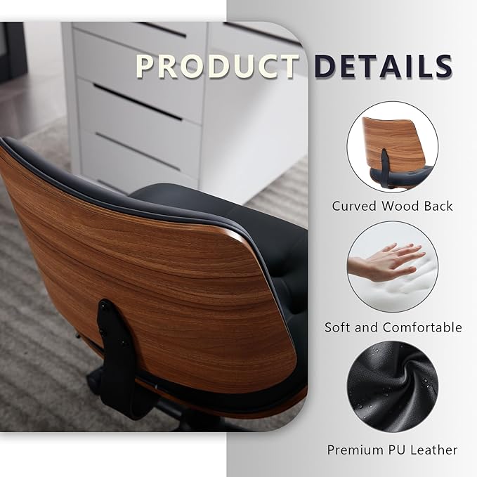 Armless Home Office Chair with Wheels, PU Leather Adjustable Height Computer Desk Chair, 360 Swivel Small No Arms Chair, Modern Button Walnut Style for Office, Reading Meeting Room(Black)