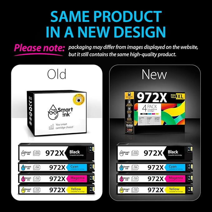 Smart Ink Compatible Ink Cartridge Replacement for HP 972X 972 X (4 Pack Combo) to use with PageWide Pro 477dw 577dw 452dw 477dn 452dn 577z 552dw P55250dw Printers (Black & Cyan Magenta Yellow)