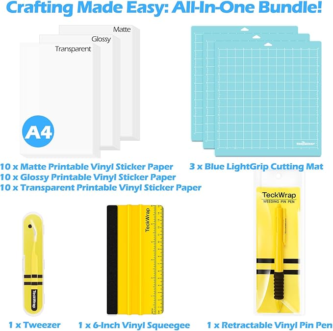 TECKWRAP Printable Vinyl Sticker Paper, (MatteGlossyTransparent) Inkjet Printable Sticker Vinyl, A4 30PCS Photo Paper for Craft, Stickers, Labels All-in-One Tools & Accessories Bundle Kit