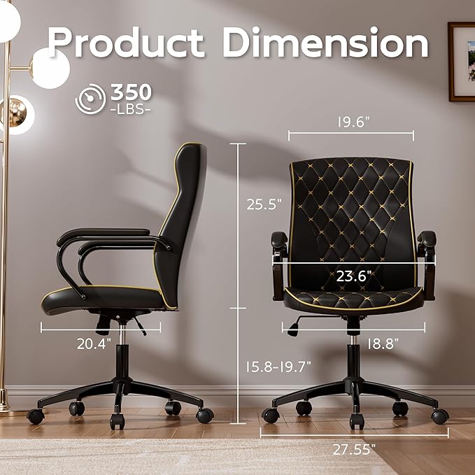 Black Office Chair with Soft Leather Embroidery, Mid Back Vintage Swivel Executive Desk Chair with Wheels and Padded Arms, Adjustable Height