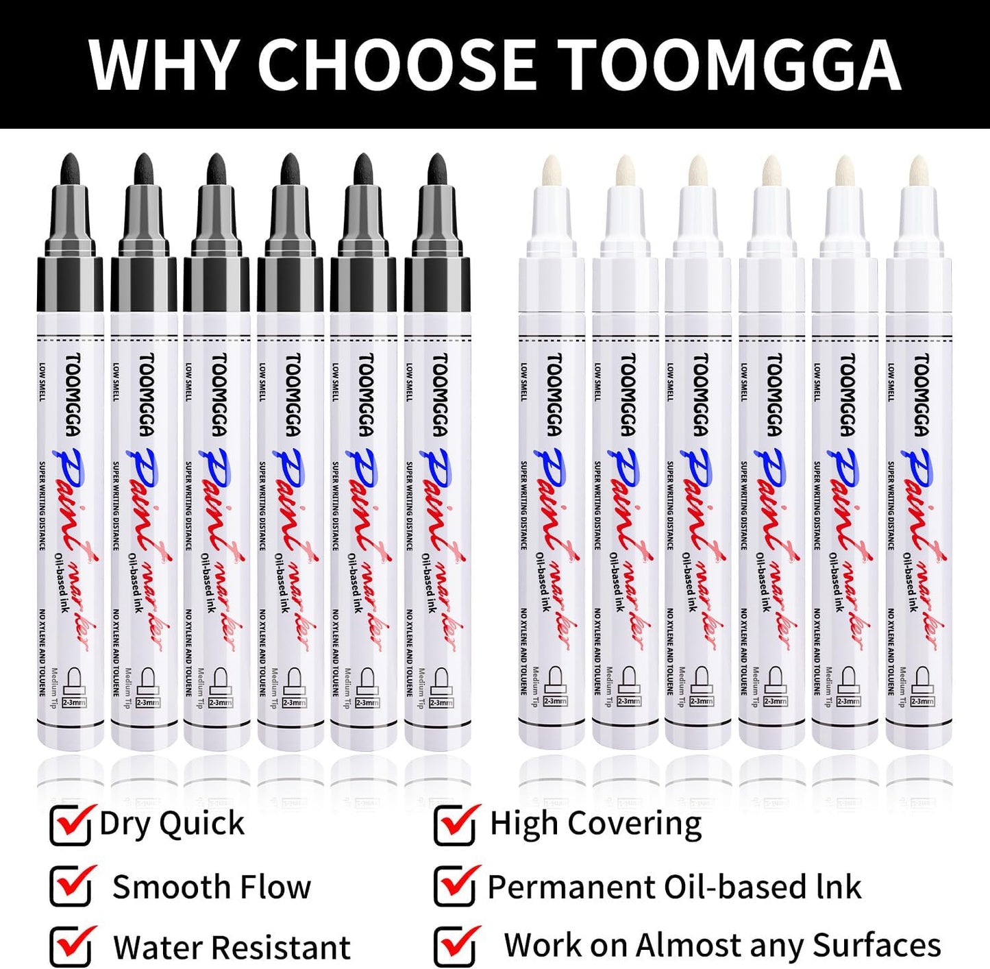 White and Black Permanent Markers Paint Pens - 12 Pack Oil Based Paint Markers, Medium Tip, Quick Drying Pens for Wood, Metal, Rock Painting, Mugs, Canvas, Clothes, Plastic Marking