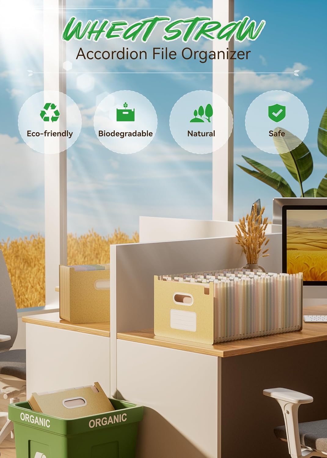 Accordion File Organizer, 26 Pockets Wheat Straw Expanding File Folders, Upright&Open Top, A-Z Bill Receipt Organizer, 100% BPA Free, Return to Nature, Healthy Living, Letter/A4 Size-Wheat Yellow