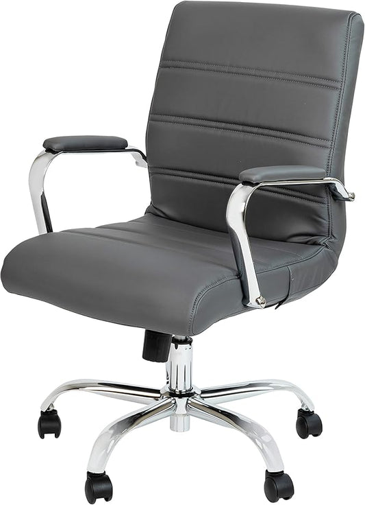 Flash Furniture Whitney Mid-Back Swivel LeatherSoft Desk Chair with Padded Seat and Armrests, Adjustable Height Padded Office Chair, Gray/Chrome