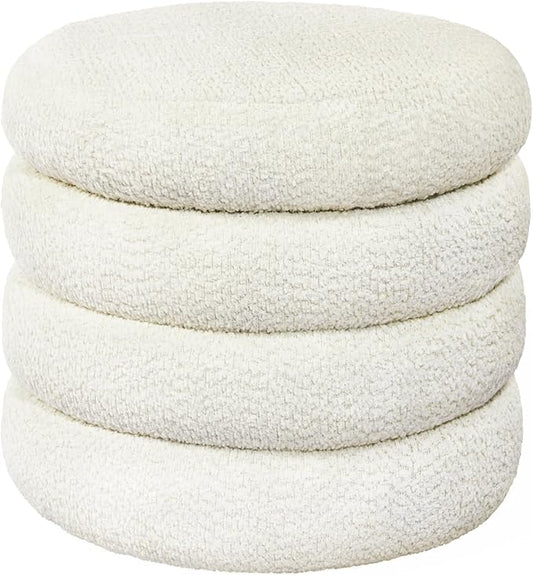 Storage Ottoman, Round Ottoman with Storage, Vanity Stool Foot Rest with Removable Lid, Round Boucle Upholstered for Living Room Pouf Footstool