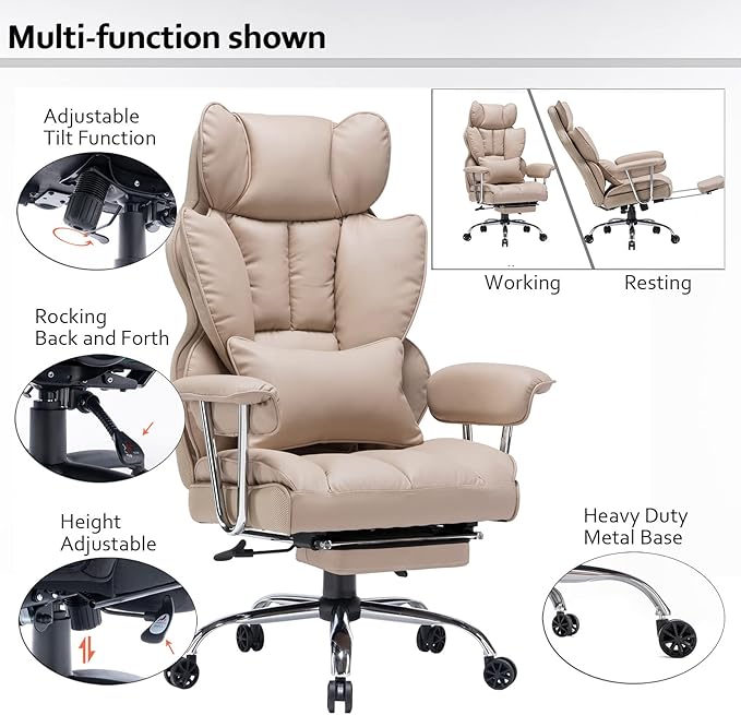 Efomao Big and Tall Office Chair 400lbs – PU Leather Executive Office Chair with Lumbar Support & Leg Rest, Heavy-Duty Computer Chair for Home Office, Dark Beige