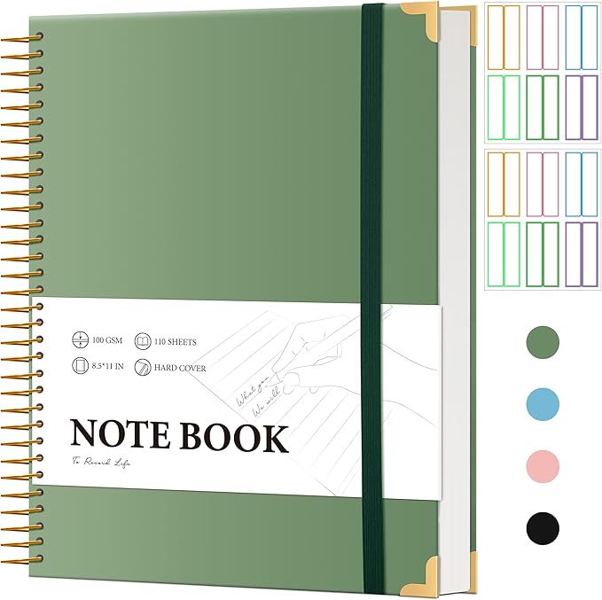 FLYING EAGLE Large Spiral Notebooks for Work School College Ruled Notebook 8.5 x 11 with Tab Stickers A4 Hardcover Journal Note Book for Women Men Writing Note Taking Supplies, 220 Pages, Green