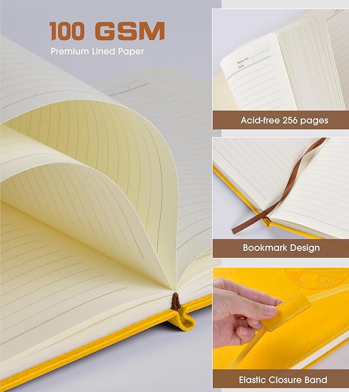Lined Journal Notebook for Women Men,256 Pages A4 Large Hardcover Leather Journals for Writing,Travel,Business,Work,School,College Ruled Notebooks for Note Taking,Diary Notepad 8.6"×11"(Yellow)
