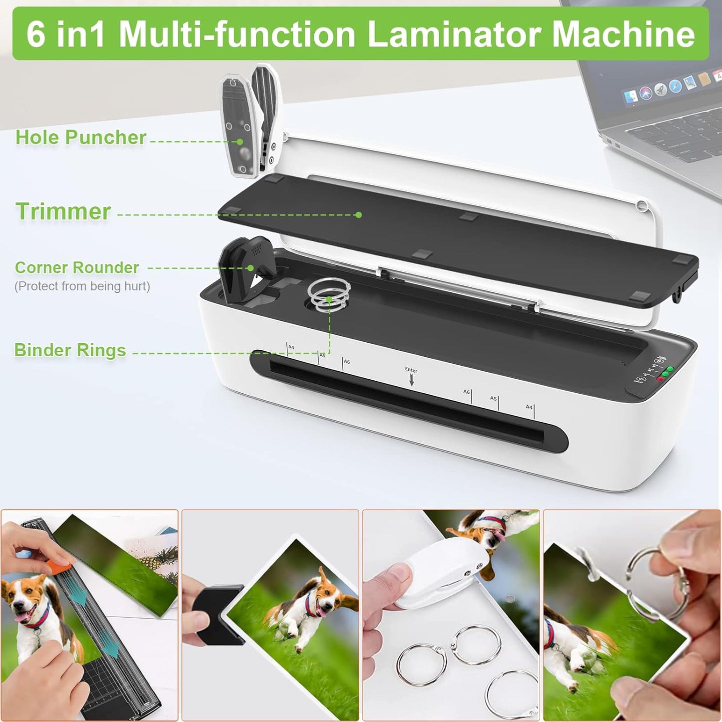 Laminator Machine with Laminating Sheets A4 Portable Thermal Lamination 9-Inch Laminate for Personal Office School Home Use, 6 in 1 Laminater Quick Warm Up Never Jam