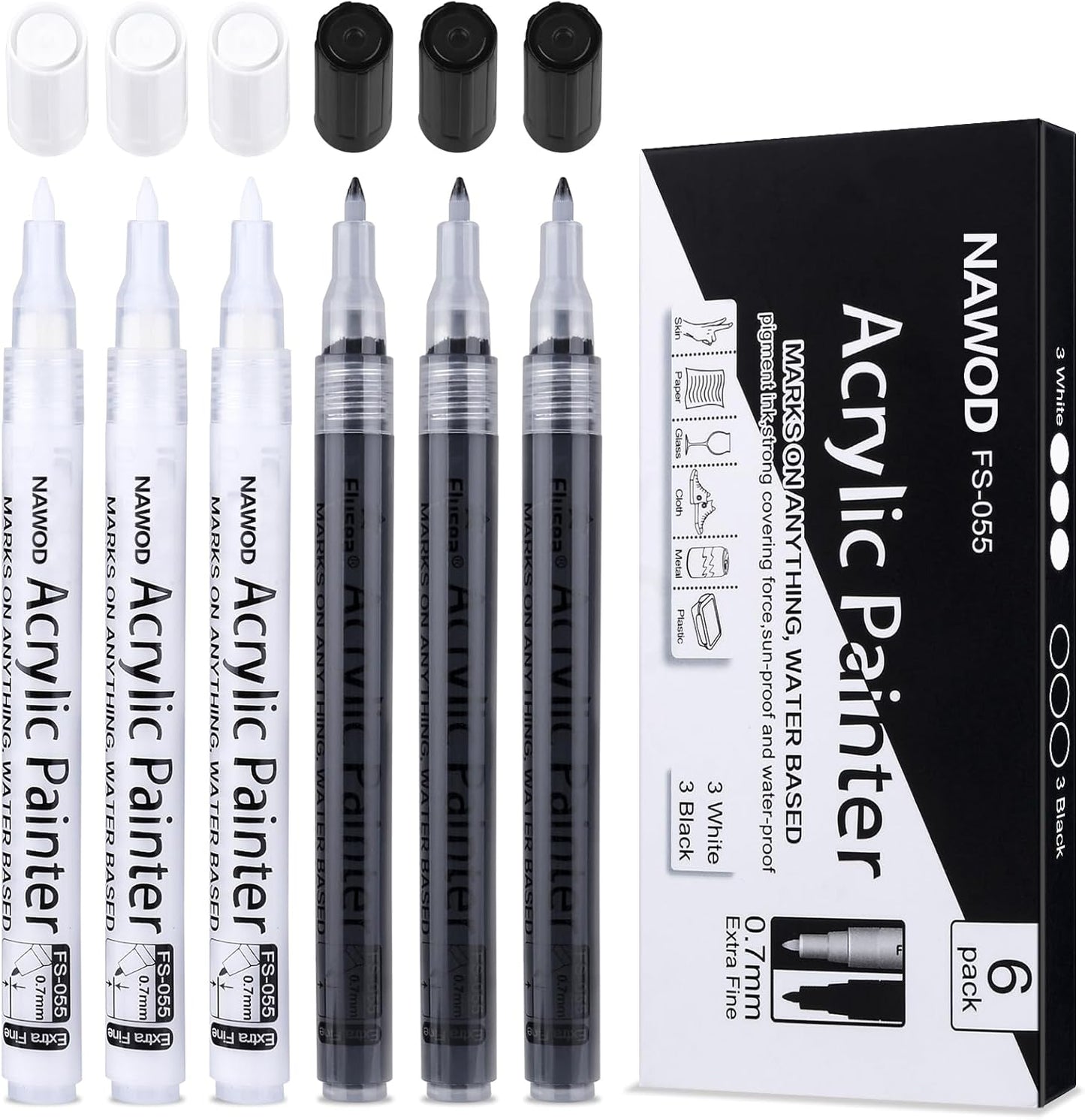 NAWOD Paint Pens White Black Acrylic Marker 6 Pack, Acrylic Permanent Marker, White Paint Pens for Rock Ceramic Wooden Leather Glass Painting Metal Tire, 0.7mm Extra Fine Point Quick Drying