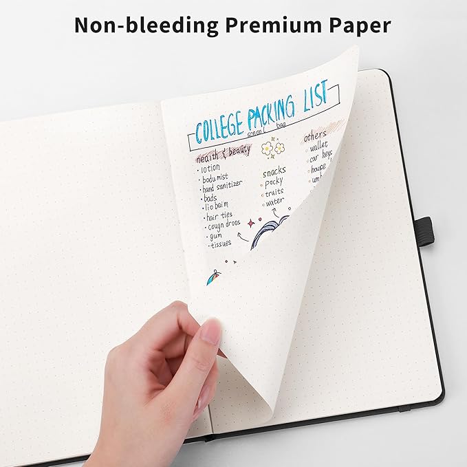 RETTACY Bullet Dotted Journal Notebook, 256 Pages, A5 Medium Size (5.7'' × 8.3''), Leather Hardcover, 120 GSM Thick Paper, for Bullet Journaling, Planning, Tracking (Black)