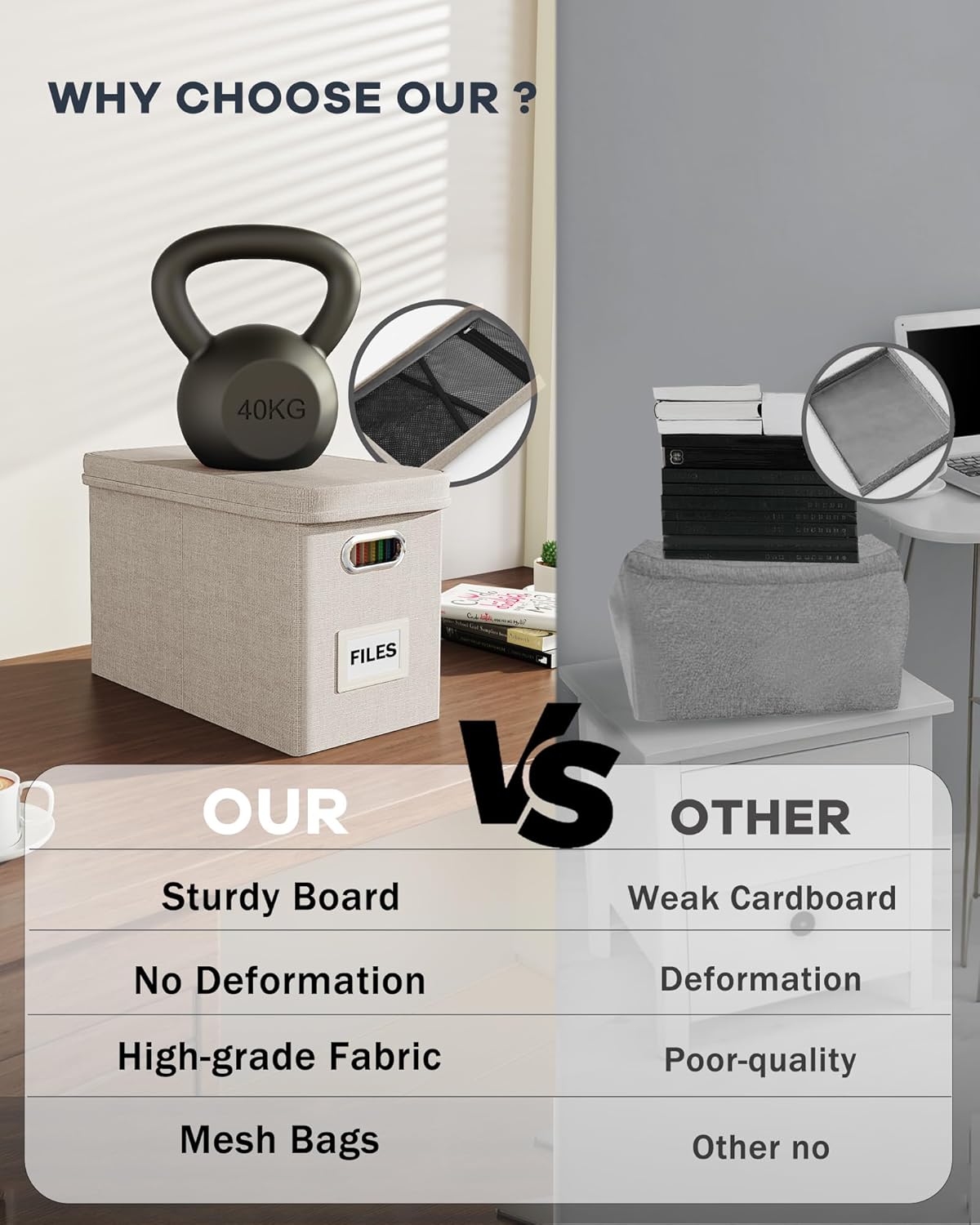 Oterri File Organizer With Lid, Hanging Filing Box With Mesh Pocket, Document Organizer for Letter Files, Portable Storage With Smooth Sliding Rail for Office & Home (2 PCS, Beige)