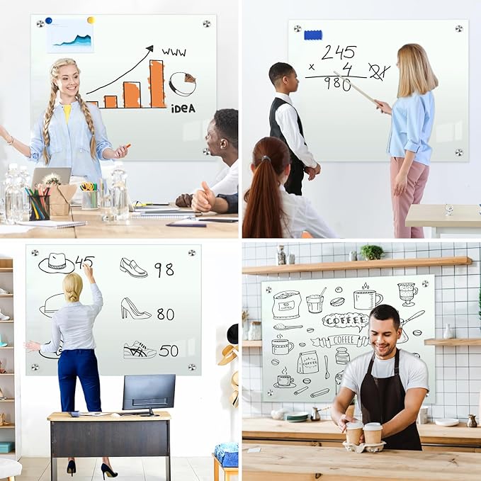 H-Qprobd Glass Whiteboard 60"x40" Magnetic Dry Erase White Board for Wall, Includes 12 Magnets, 8 Markers and 2 Erasers