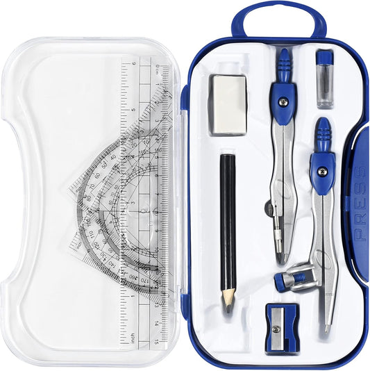 10 Pieces Math Geometry Kit Set Student Supplies with Shatterproof Storage Box,Includes Rulers,Protractor,Compass,Eraser,Pencil Sharpener,Lead Refills,Pencil,for School and Drawings（Navy Blue）