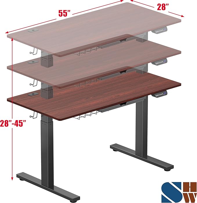 SHW 55 x 28 Inches Electric Height Adjustable Standing Desk with Drawer and Memory Preset, Cherry
