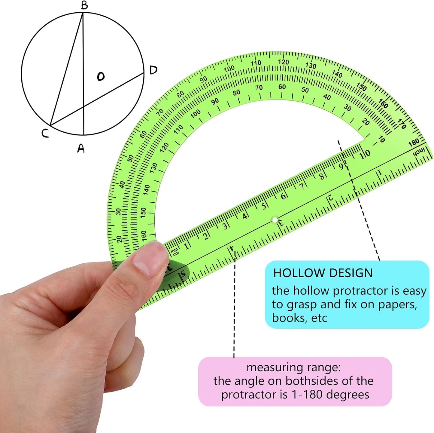 EBOOT 24 Pack Plastic Protractors Math Protractor 180 Degrees 6 Inch (Multi Colors)