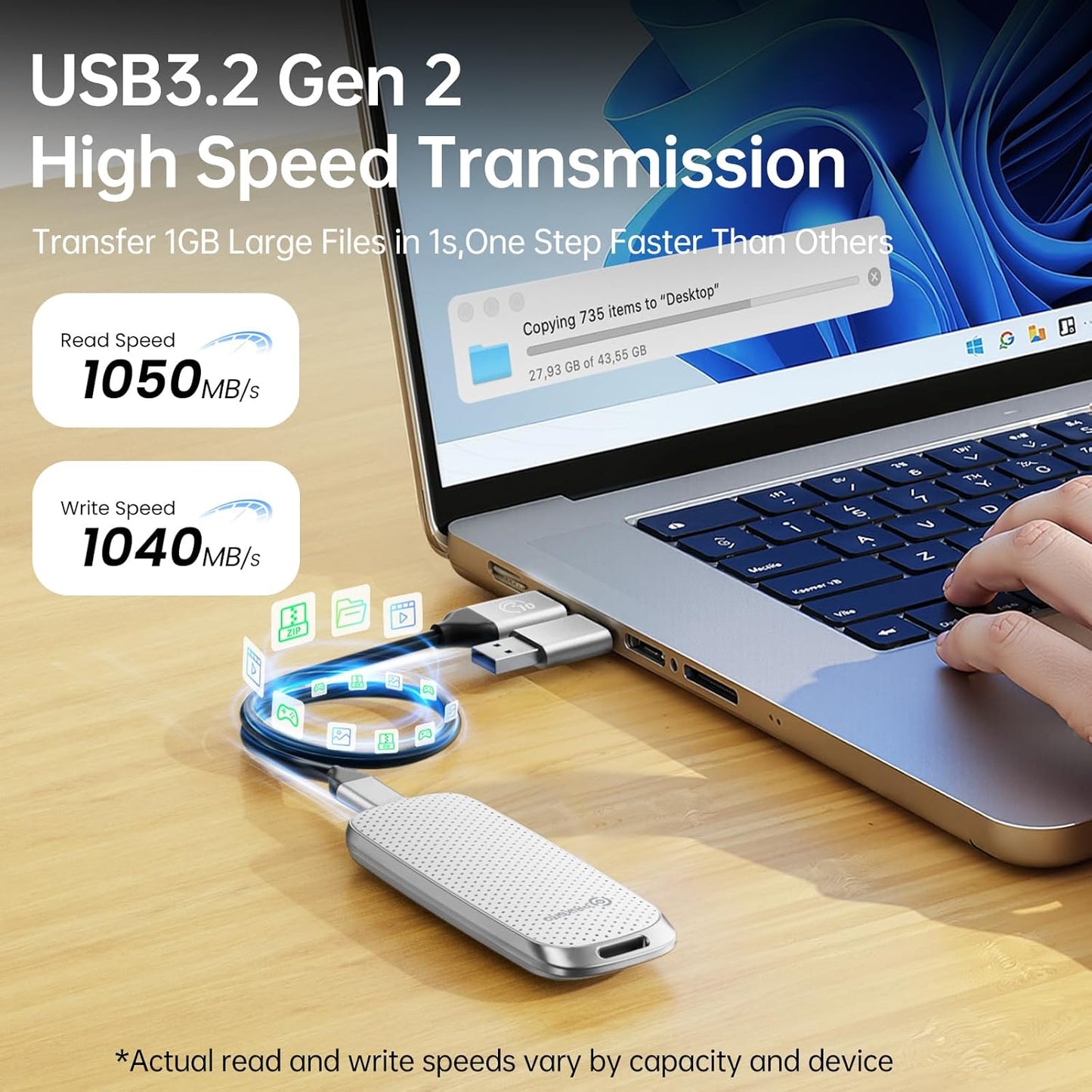 PHIXERO P10PRO External NVMe SSD 2TB, Up to 1050MB/s, USB 3.2 Gen2, Includes 2-in-1 USB C Cable, Portable Hard Drive for iPhone 15+/Android/Windows/Mac, White