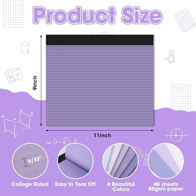 Lincia 6 Pcs 11" x 9.5" Legal Pads College Ruled Notepad Landscape Notebook Horizontal Lined Notebook 80 Gsm Assorted Colors Paper Pastel Writing Pads for School Office, 40 Sheet (Gradient Purple)